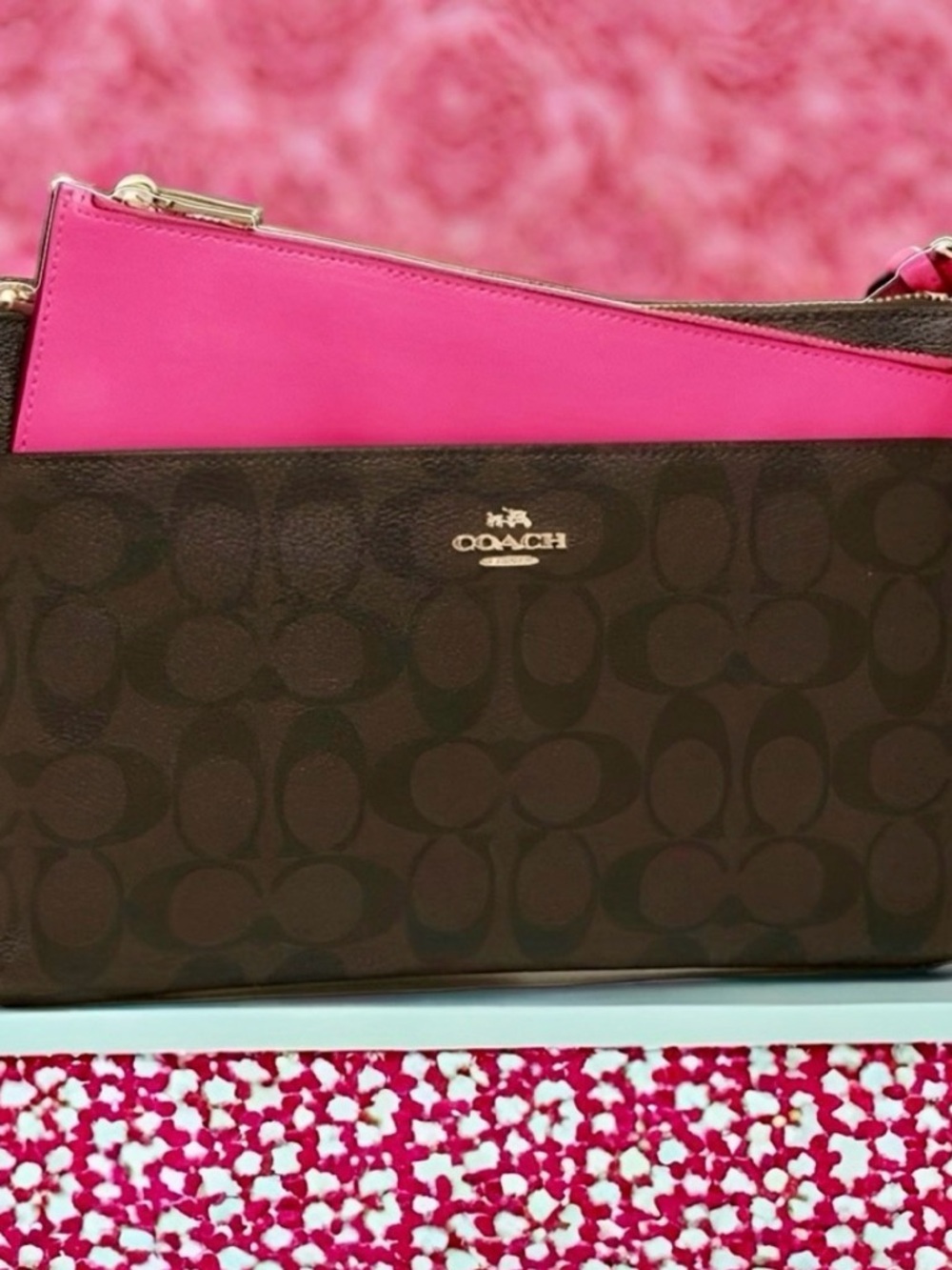 COACH East West Crossbody with Pop Up Pouch in Brown & Hot Pink *nwot - Picture 2 of 12